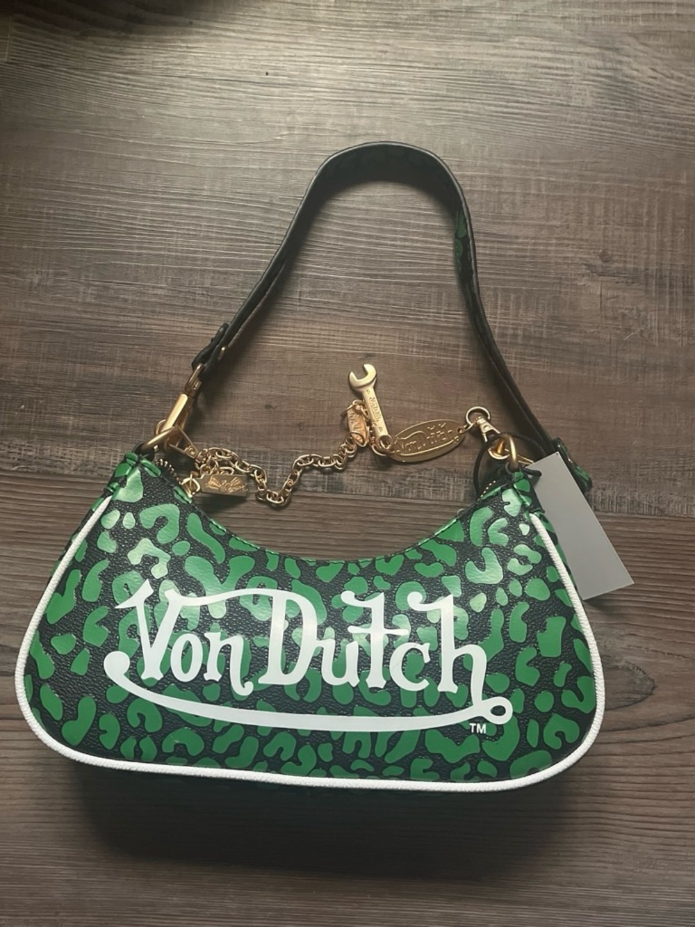Von Dutch Green Leopard Print Shoulder Bag with Gold Hardware